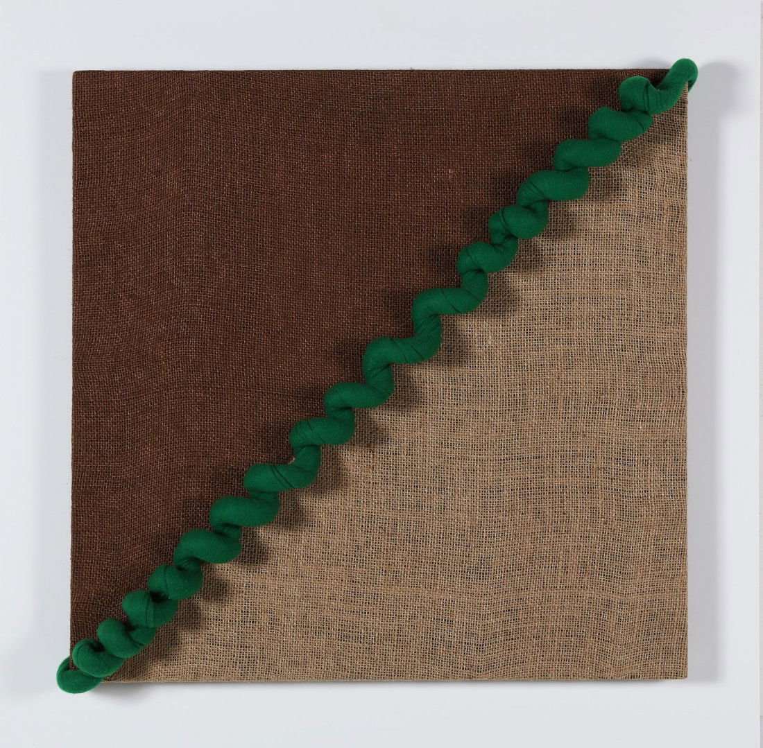 JORGE EIELSON Amazzonia.: EIELSON JORGE (1924 - 2006) Amazzonia. 2004. Mixed media on jute canvas. Cm 55,00 x 55,00. Signed and dated at the back. Plexi box.. Frame present