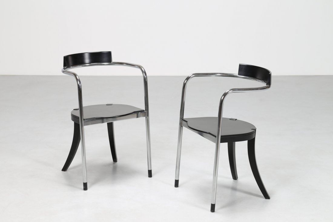 DAVID PALTERER Coppia sedie modello FAUNO, legno: PALTERER DAVID Coppia sedie modello FAUNO, legno laccato nero e metallo cromato, per Zanotta, anni 80Â°. -. Cm 48,50 x 76,00 x 50,00.