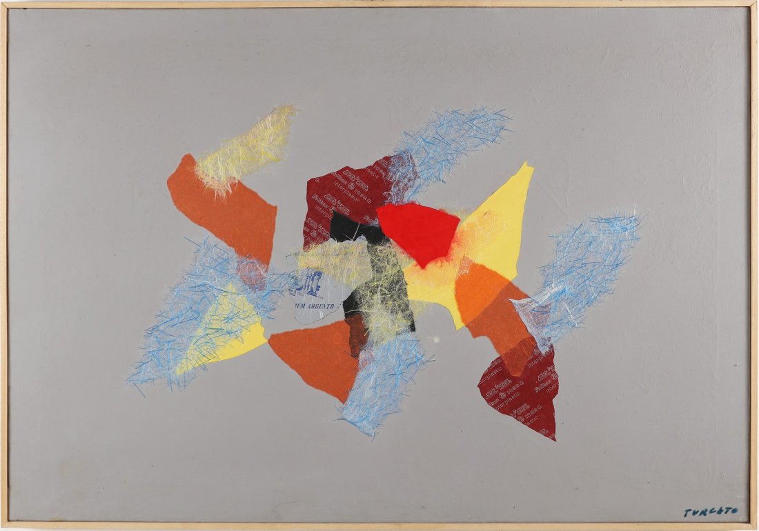 GIULIO TURCATO Untitled.: Untitled. Mixed media on canvas. Cm 100,00 x 70,00. Signed lower right. Signed at the back. Giulio Turcato Archives certificate on photo. Frame present