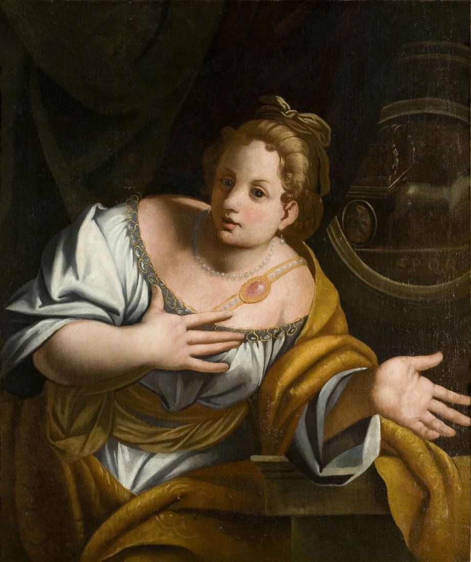 FELICE BRUSASORCI Ritratto di donna come matrona: BRUSASORCI FELICE (1540 - 1605) Ritratto di donna come matrona romana. Olio su tela. Cm 92,00 x 100,00. . Cornice presente