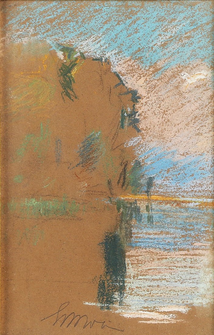 GIANBATTISTA BOSIO Rocca di Manerba.: BOSIO GIANBATTISTA (1873 - 1946) Rocca di Manerba. Pastello su cartoncino . Cm 12,00 x 19,00. Firma in basso al centro. Al retro cartiglio mostra Desenzano del 1991. Cornice presente