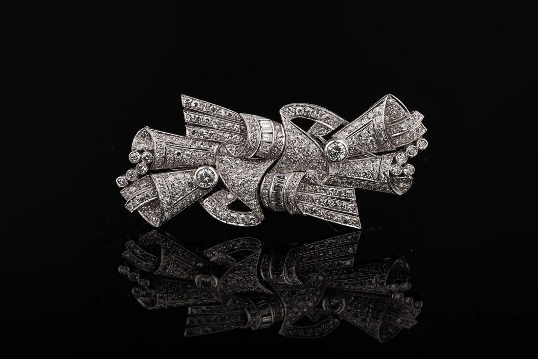 Spilla in platino doppia clip, diamanti cts 5.80 circa. (1 of 1)