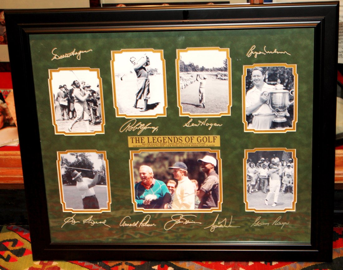 Legends of Golf-Plate Signatures / Memorabilia: Nine engraved signatures, with unsigned photos. Custom framed and matted, 23"x27". Walter Hagen, Bobby Jones, Ben Hogan, Byron Nelson, Sam Snead, Arnold Palmer, Jack Nicklaus, Tiger Woods & Gary Playe