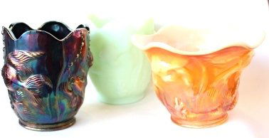 Lot of Fenton "Atlantis"Pottery Pieces: 1. Vintage carnival glass vase made by the Fenton Glass Company. Purple opalescent color. Atlantis Vase with koi fish design. Measures 6 1/2" High x 5 1/2" in Diameter (at opening) x4" in Diameter (at