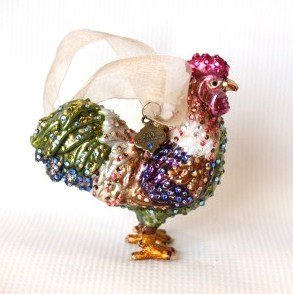 Jay Strongwater Crystal Ornament- Rooster: Jay Strongwater Rooster Ornament. Colors include: green, blue, pink, purple, gold and white. Measures approximately 4 x 4 x 2.