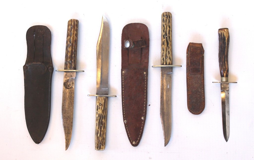Lot of 4 Antique Sheffield Knives: 2 Antique Sheffield England British English Joseph Allen NON-XXL Hunting Knife, , ANTIQUE ALFRED WILLIAMS SHEFFIELD BOWIE KNIFE, with 5.8" single-edged clipped end steel blade stamped on left ricasso