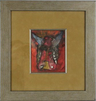 Original Watercolor by Juan Carlos Breceda- Bull: Juan Carlos Breceda- Watercolor Bull. Pewter colored frame with tan matting. Small Red Picture. Measures approximately 18.5 x 19.5. Juan Carlos Breceda was born in 1958 in Rosario, Sinaloa, Mexico. He