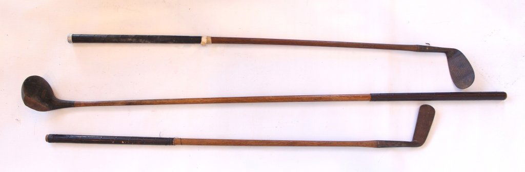 Lot of Three Vintage Wooden Golf Clubs: Vintage Columbia Driver Golf Club, Vintage Wilsonian Chromium Pitching Wedge and Antique Vintage Old Wright & Ditson Bee Line Wood Shaft Golf Putter Club #B-11.