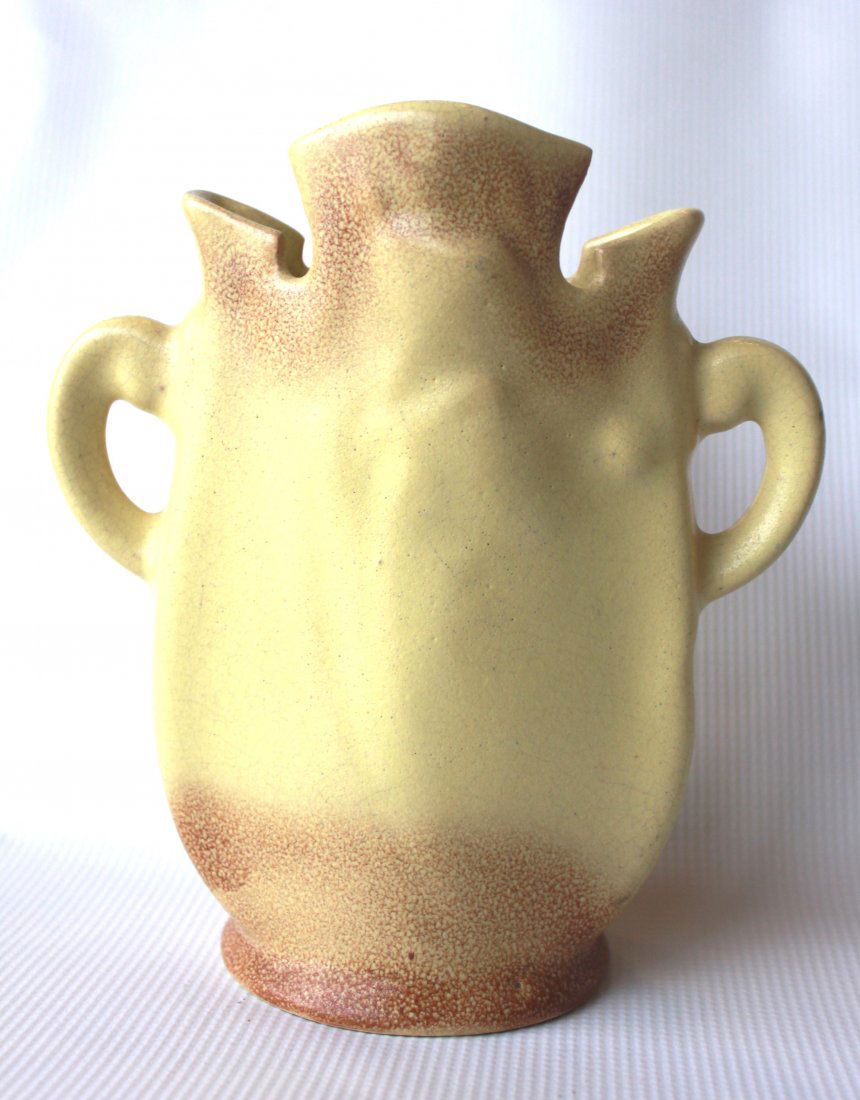 1940's Yellow Jackson Pottery Vase: Beautiful Ceramic Yellow Jackson Pottery Vase. Made in Houston, Texas. Measures 7 1/2" High x 2 1/2" Deep x 7" Wide