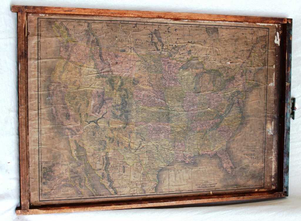 Authentic, Antique Canada & U.S. Rail Road Map: Rare Vintage US and Canada Rail Road Map from Cabinet Drawers. Handles have each territory stamped on them. Measures approximately 32" Wide x 21 1/2" High x 1 1/2" Thick.