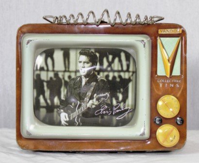 Vintage 1950's Elvis TV Lunchbox: 1950's Lunchbox TV with Elvis on the screen..8" wide X 6" tall X 3" deep....fun conversation piece to carry your lunch to work in.....made in 1999 by Elvis Presley Enterprises
