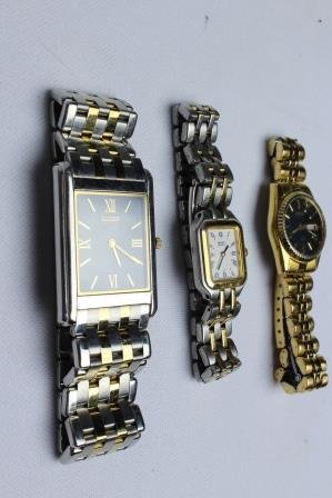 Lot of 3 Watches Seiko & Geneva: Lot of 3 Watches including 2 Tone Geneva Watch, 2 Tone Seiko Watch and Two Tone Seiko Square Faced Watch