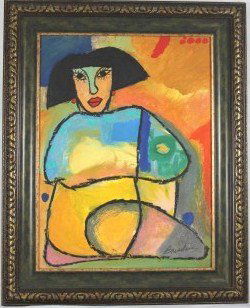 Original Oil By Juan C. Breceda- Woman Close-Up: Juan Carlos Breceda. Olive Green & Gold colored frame. Frame is thick. Colors include: orange, blue and yellow. Measures approximately 33 x 41. Juan Carlos Breceda was born in 1958 in Rosario, Sinaloa