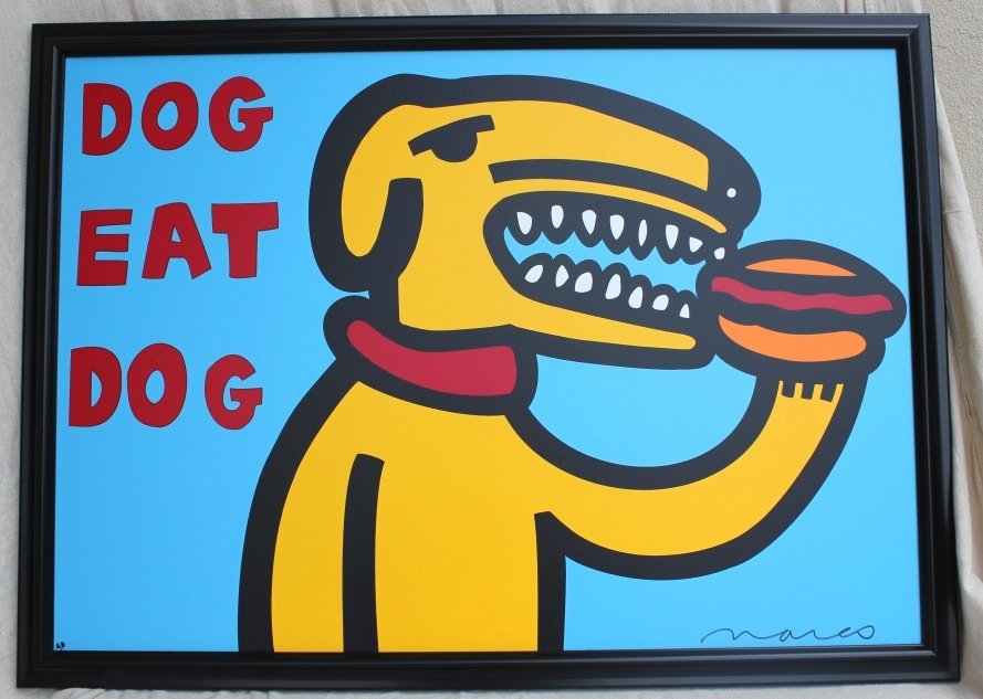 "Dog Eat Dog" Framed Blue Print / Art: DOG EAT DOG (BLUE), a Pop art print on canvas by well-known artist MARCO: * 2000 * Serigraph on canvas * 39 ? 30 * Signed and numbered from a total limited edition of 400 * Excellent condition; unstre