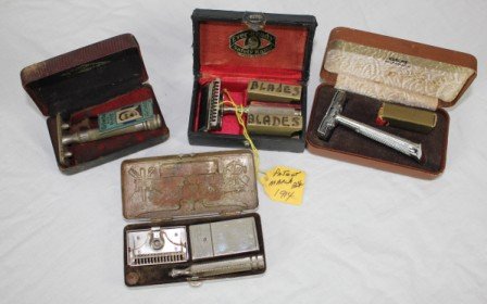 Lot of 4 Vintage Razors-Gillette, Ever Ready, Durham: Lot of 4 Vintage Razors-Gem, Gillette, Ever Ready and Durham. Durham Double Edge Razor with Silver Case depicting eagles and US Service related images. Also Ever-Ready Safety Razor in box, Gem Microma