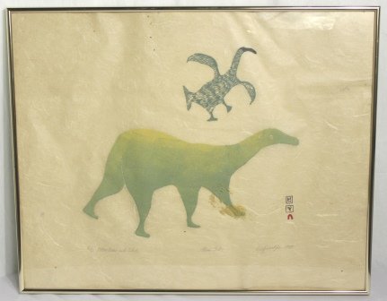 Eskimo Stone Cut Print Bird and Polar Bear 1964: Eskimo Inuit Stone Print entitled "Bird and Polar Bear". Signed 41/50. Artist is Kujurakju. Created in 1964. Bear is completed in Green and the bird in blue. Artist's chop mark is printed in black ink