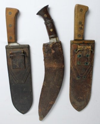 Lot of 2 Bolo Knifes WWII and Kukri Machete: 1. USMC Boyt 43 Bolo Knife and Leather Sheath from WWII marked USMC Chatillon, N.Y. Year 1943 2. USMC Boyt 45 Bolo Knife and Leather Sheath from WWII marked USMC Chatillon, N.Y. Year 1945 3. Kukri Mac