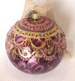 Jay Strongwater Crysta Ornament- Medium Plum Ball: Jay Strongwater Medium Round Purple Ornament. Henna like Design. Colors include: plum, gold and maroon. Measuring approximately 3 x 3.