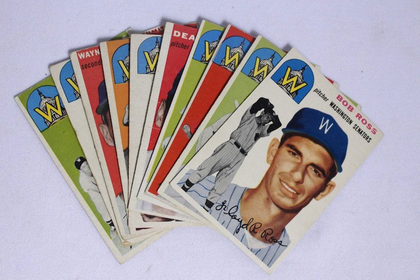 10 Out of 15: 1954 Topps Washington Senators BBall Card: Set of Ten out of 15 players for the 1954 team of the Washington Senators. Players include: Joe Haynes, Jerry Lane, Dean Stone, Angel Scull, Bob Ross, Pete Runnels, Johnny Schmitz, Wayne Terwilliger,