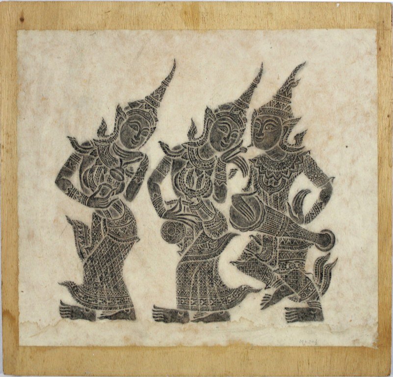 Three Krishnas on Rice Paper in Charcoal from Bangkok: Three Khrishnas. From Bangkok. On a piece of wood. No glass. Charcoal on rice paper. Measures approximately 24.5 x 26.