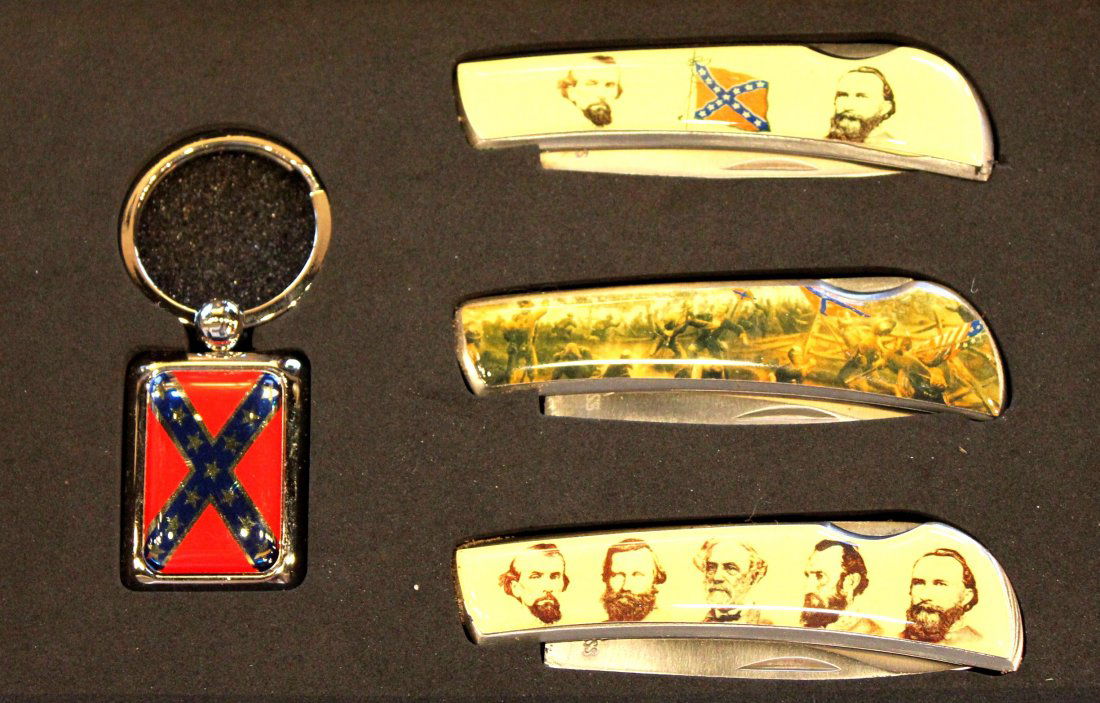 Confederate Knives & Keychain Set: Confederate Knifes and Keychain Set. Including three pocket knifes and one keychain. Comes in custom box with lid.