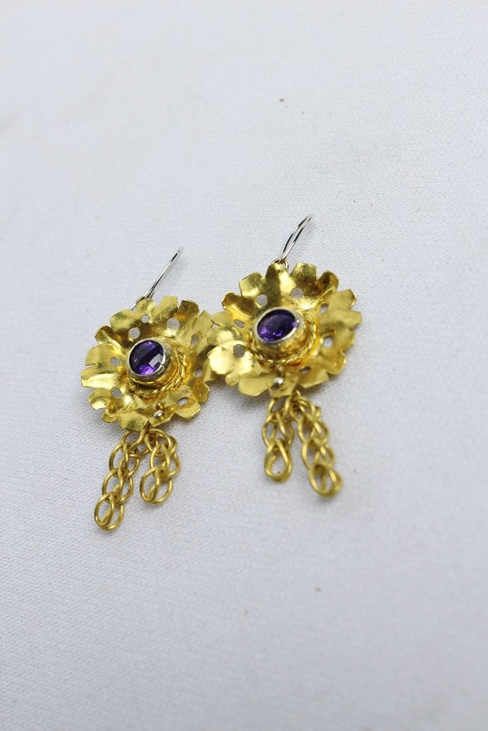 Gold & Amethyst Earrings-14K White Gold and Tsavorite: Gold & Amethyst Earrings-14K White Gold Hooks, Greek Patterned Design, Tsavorite and Handmade Chain.