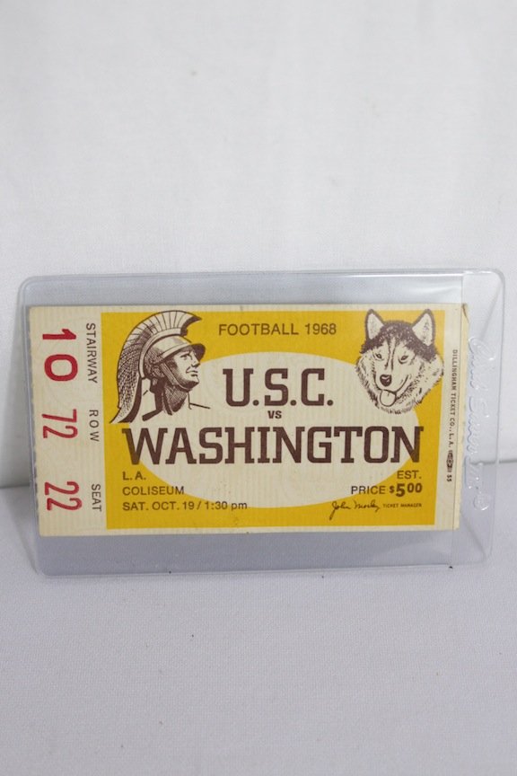 1968 NCAA Football Ticket Stub.: 1968 NCAA WASHINGTON HUSKIES @ USC TROJANS FOOTBALL TICKET STUB. Stairway 10, Row 72 and Seat 22. L.A. COLISEUM SATURDAY OCTOBER 19/130 PM.