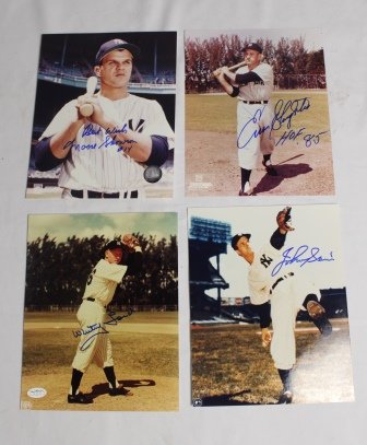 Lot Of 4 Hand Signed Vintage N.Y. Yankees 8 X 10 Photos: Lot of Four Signed New York Yankees 8 x 10 Photos including: John Sain, Enos Slaughter inscribed 'HOF 85', Bill "Moose" Skowron #14" and Whitey Ford (stamp of approval from James Spence Authentication
