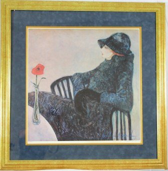 Barbara A. Wood Limited Edition #617/650 Print w frame: Barbara A. Wood Print. 617/650. Lady in Black with a Hat. Gold Frame. Signed. Navy suede matting. Measuring approximately 36 x 37. Barbara A. Wood is a native of Columbus, Ohio. Barbara's mother, gran