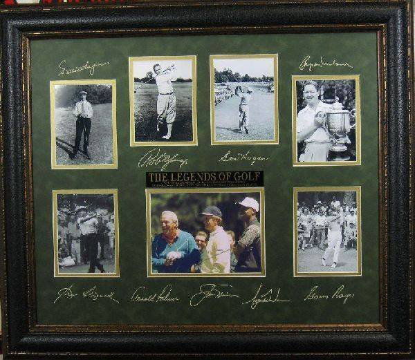 Legends of Golf Plate Signatures: Nine Engraved Signatures, With Unsigned Photos. Custom Framed And Matted, 23"x27". Walter Hagen, Bobby Jones, Ben Hogan, Byron Nelson, Sam Snead, Arnold Palmer, Jack Nicklaus, Tiger Woods & Gary Playe