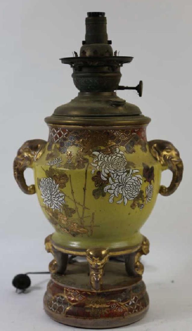 CHINESE ANTIQUE ELEPHANT HANDLE OIL LAMP: CHINESE ANTIQUE ELEPHANT HANDLE OIL LAMP