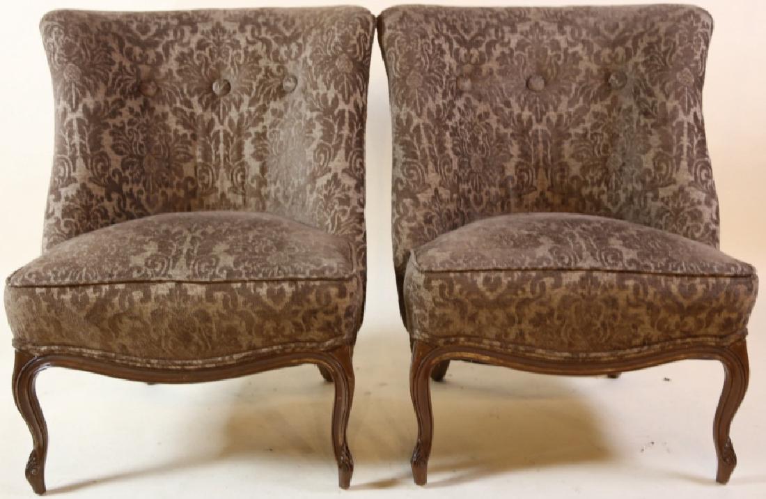 FRENCH SLIPPER CHAIR PAIR WITH CUSTOM UPHOLSTERY: 36" X 29" X 27"; PAIR OF CUSTOM UPHOLSTERED FRENCH SLIPPER CHAIRS