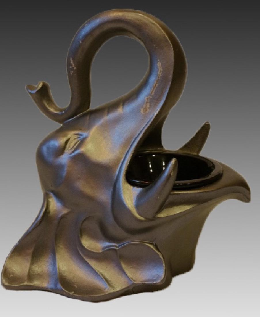 FRANKHART ELEPHANT CATCH ALL: Deco era spelter elephant shaped catch all by Frankart Inc., signed. 7"