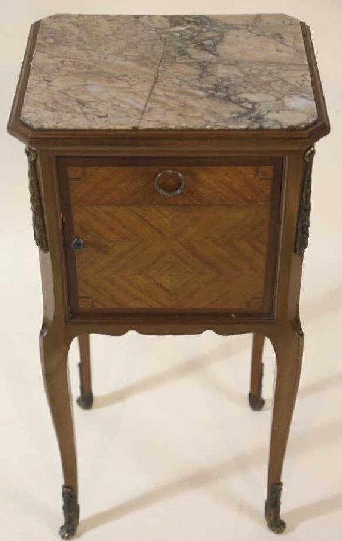 FRENCH ANTIQUE INSET & LINED MARBLE SIDE TABLES: FRENCH ANTIQUE LOUIS XVI PARQUETRY INSET & LINED MARBLE SIDE TABLE 32X16X14