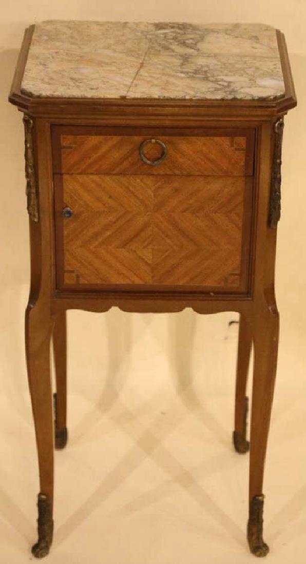 FRENCH ANTIQUE INSET & LINED MARBLE SIDE TABLES: FRENCH ANTIQUE LOUIS XVI PARQUETRY INSET & LINED MARBLE SIDE TABLE 32X16X14