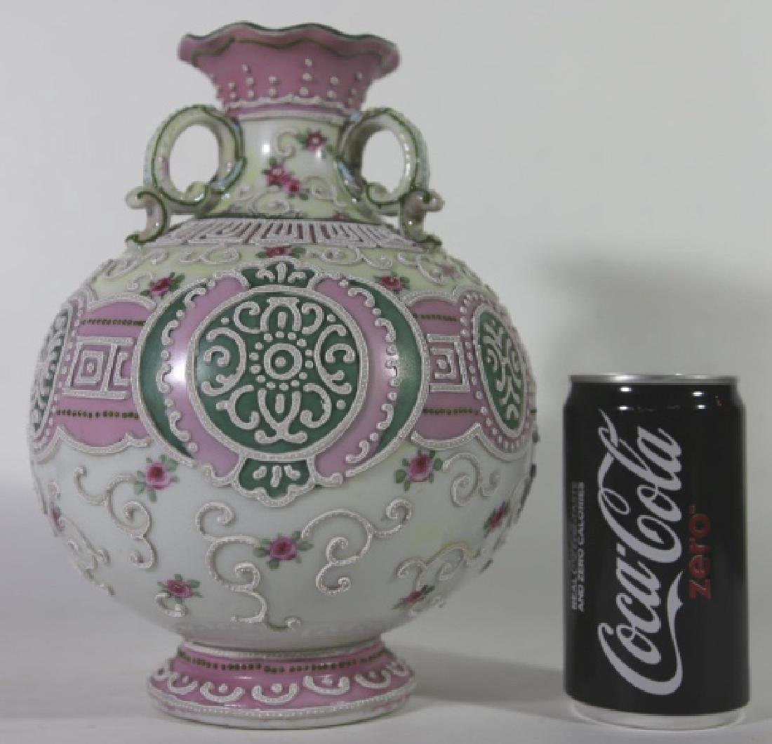 JAPANESE NIPPON MORIAGE DECORATED TRI HANDLED VASE: JAPANESE NIPPON MORIAGE DECORATED TRIPLE HANDLED VASE UNMARKED 9 X 7"