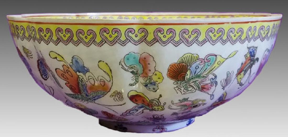 CHINESE PORCELAIN BOWL: Large Chinese eggshell porcelain bowl with hand painted enamel design of butterflies. 4" x 10"