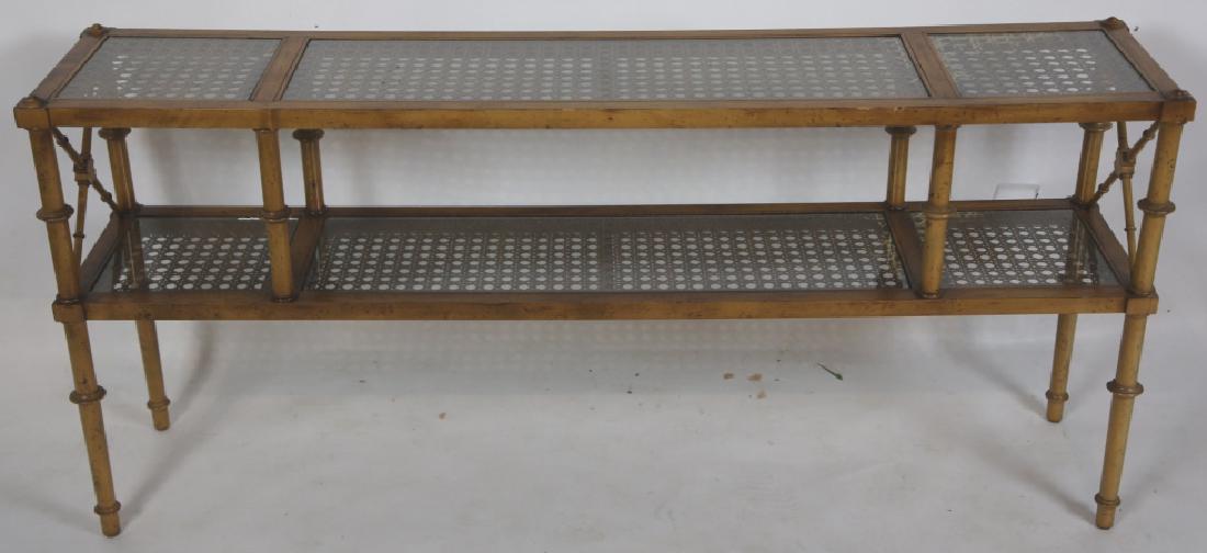 BAKER FAUX BAMBOO TWO TIER GLASS TOP SOFA TABLE: BAKER FAUX BAMBOO CANED TWO TIER GLASS TOP SOFA TABLE 27 X 60 X 13"