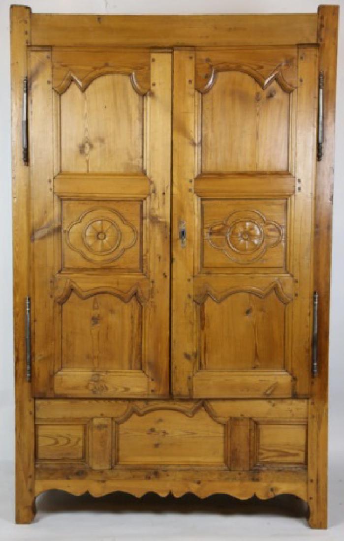 FRENCH FINE PRIMITIVE ANTIQUE PINE ARMOIRE: FRENCH FINE ANTIQUE HAND PEGGED PINE ARMOIRE 80 X 48 X 21"