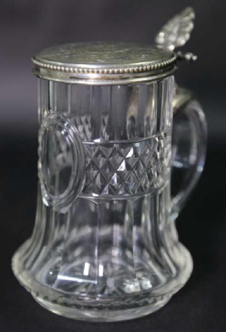 STERLING SILVER & CUT CRYSTAL STEIN, ENGRAVED: engraved top, medallion and diamond design base, 6-1/2", circa 1900