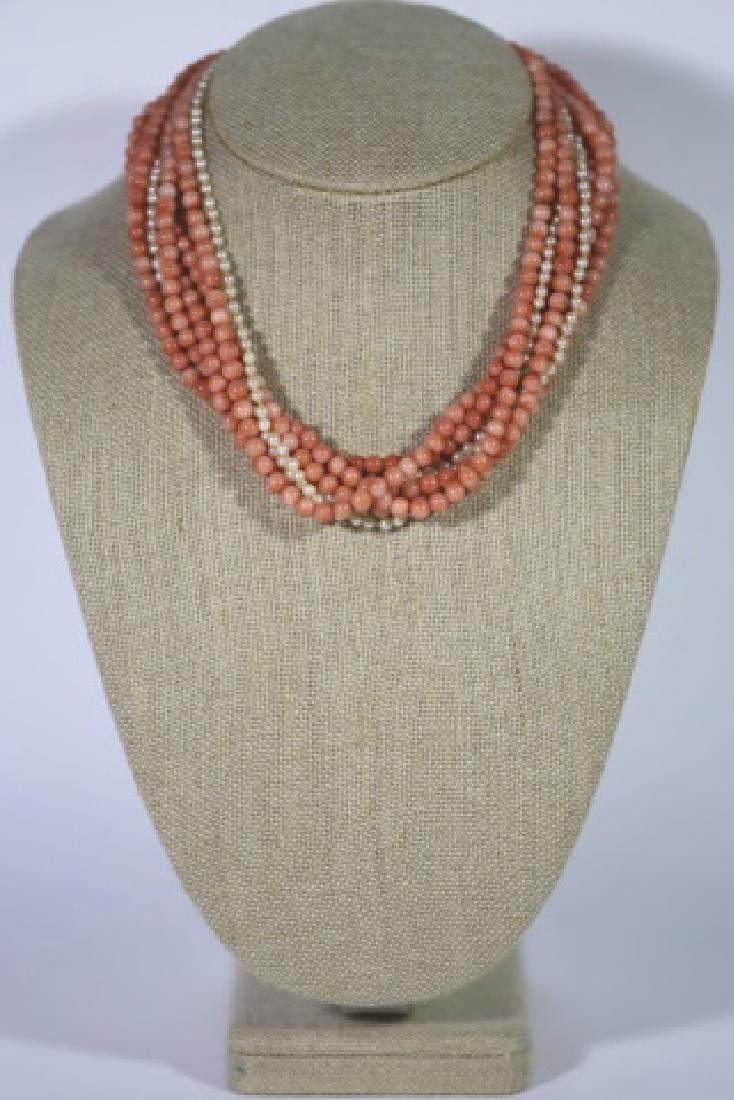14KYG CORAL & SEA PEARL VINTAGE CHOKER NECKLACE: 14KYG CORAL & SEA VINTAGE CHOKER NECKLACE 16"