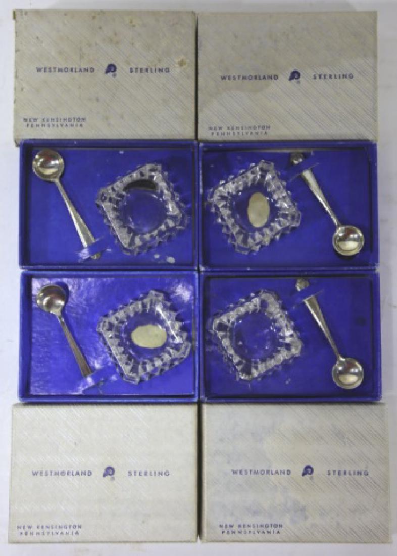 WESTMORLAND SALT CELLARS & STERLING SPOONS: WESTMORLAND INDIVIDUAL CELLAR SALTS IN ORIGINAL BOXES WITH STERLING SILVER SPOONS; FOUR BOXES, SALTS, AND SPOONS