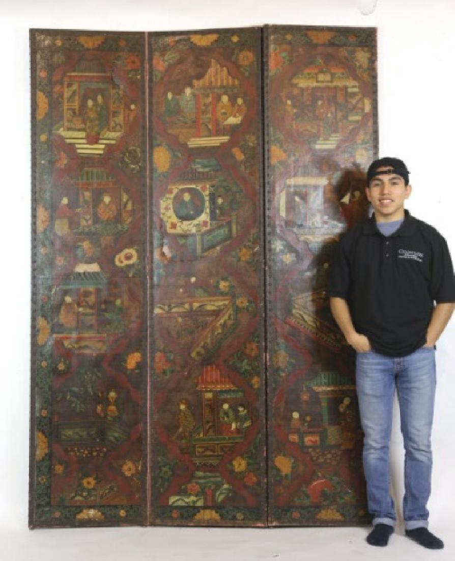 CHINESE ANTIQUE HAND PAINTED TOOLED LEATHER SCREEN: CHINESE ANTIQUE HAND PAINTED TOOLED LEATHER SCREEN 63 X 83"