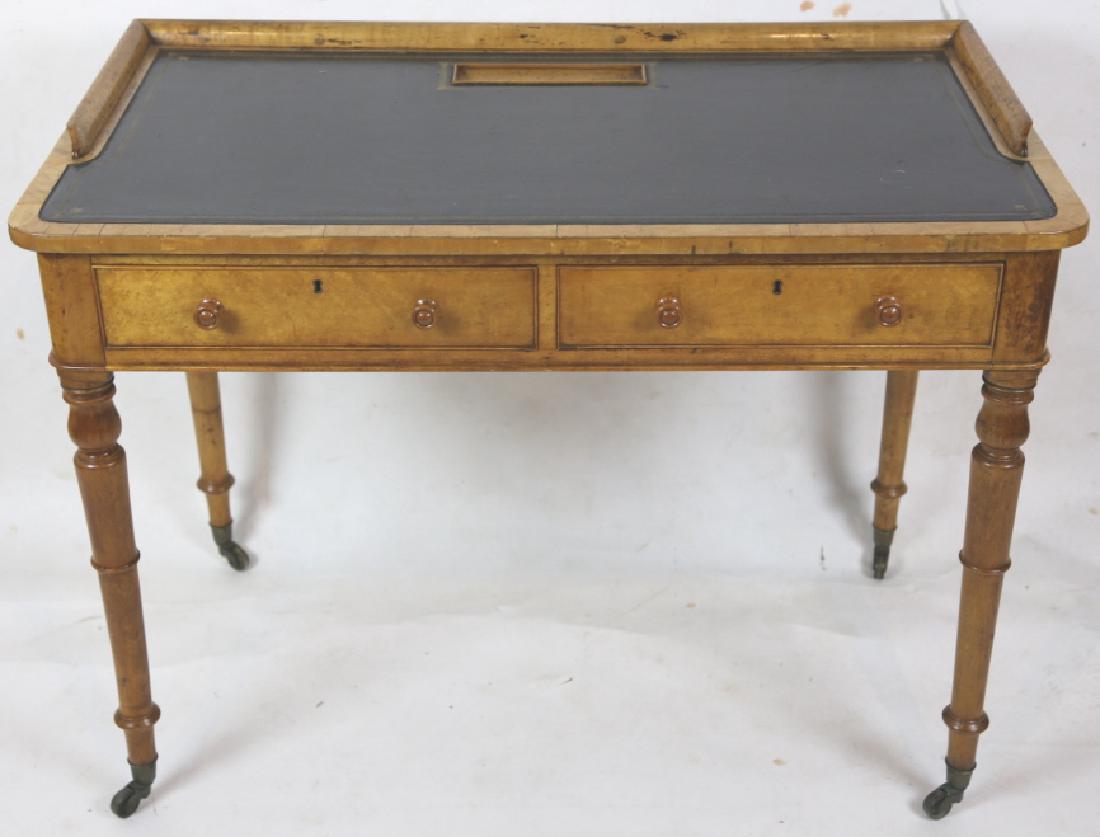ENGLISH FINE ANTIQUE YEW / BIRDS EYE WRITING TABLE: ENGLISH FINE ANTIQUE YEW / BIRDS EYE WRITING TABLE , WITH EMBOSSED LEATHER & PEN TRAY 33 X 42 X 24"