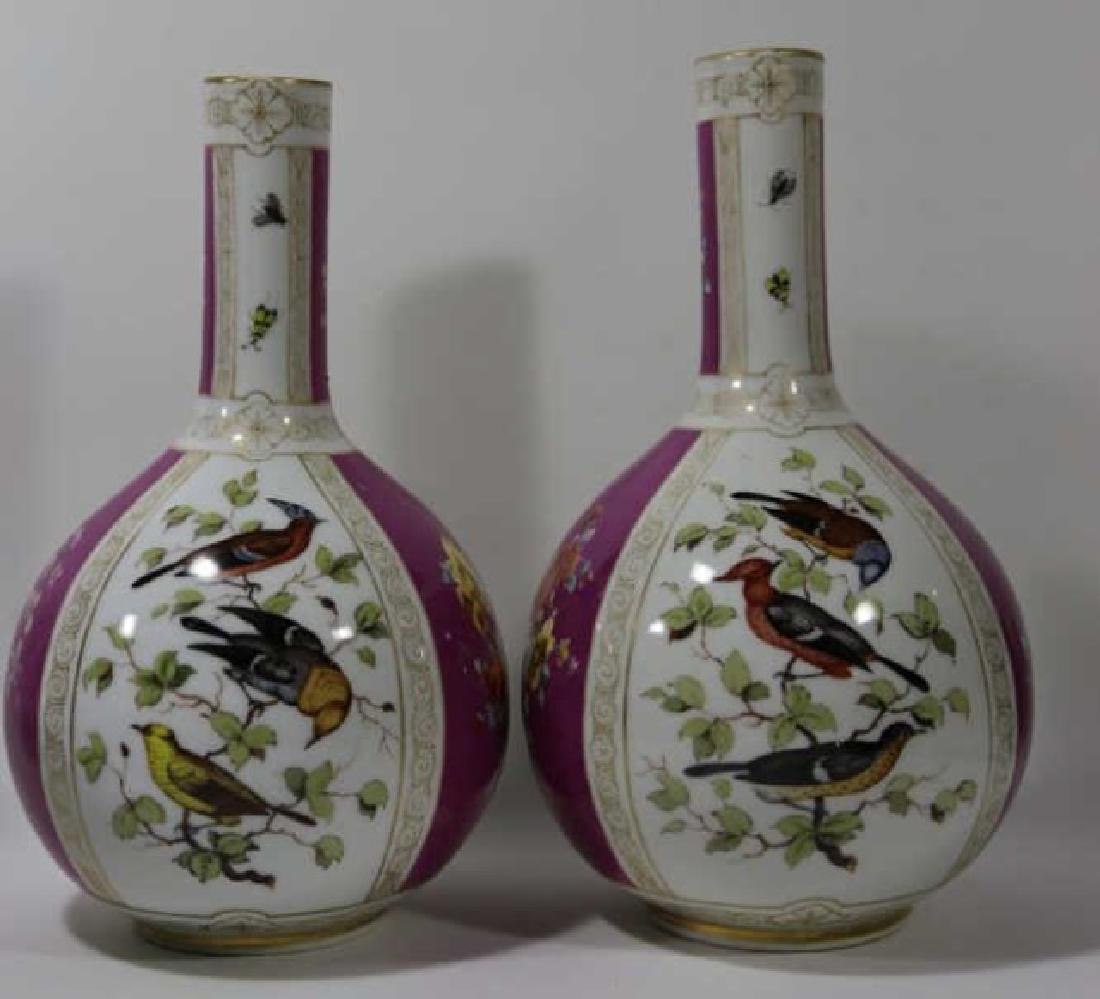 MEISSEN PAIR OF VASES HANDPAINTED ALTER: alternating panels with birds & florals, insects on neck of vase, crossed swords mark, 11" tall, 6" diameter