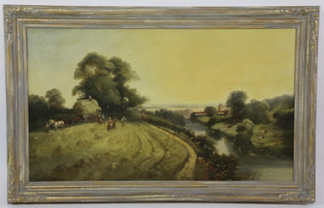 WILLIS SEARBY (BRITISH, 19TH C) OOC: European landscape with hayracking and cows in lower pasture, image area 30" x 50", well listed artist, signed & dated 1874 in lower left. Searby Willis (19th Century), primarily known as Willis Searb