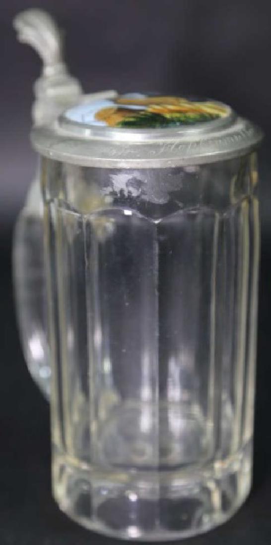 GERMAN ANTIQUE BEER STEIN W/ PORCELAIN PAINTED LID: 7 1/2" X 5"; INSCRIBED AND HUNT SCENE ON LID