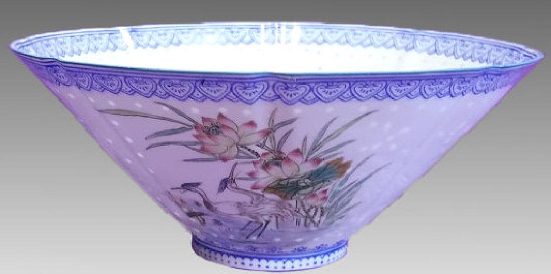 CHINESE EGGSHELL PORCELAIN BOWL: Vintage hand painted Chinese eggshell porcelain bowl with blue and white motifs and enamel painted designs of birds among flowers. 3" x 7"
