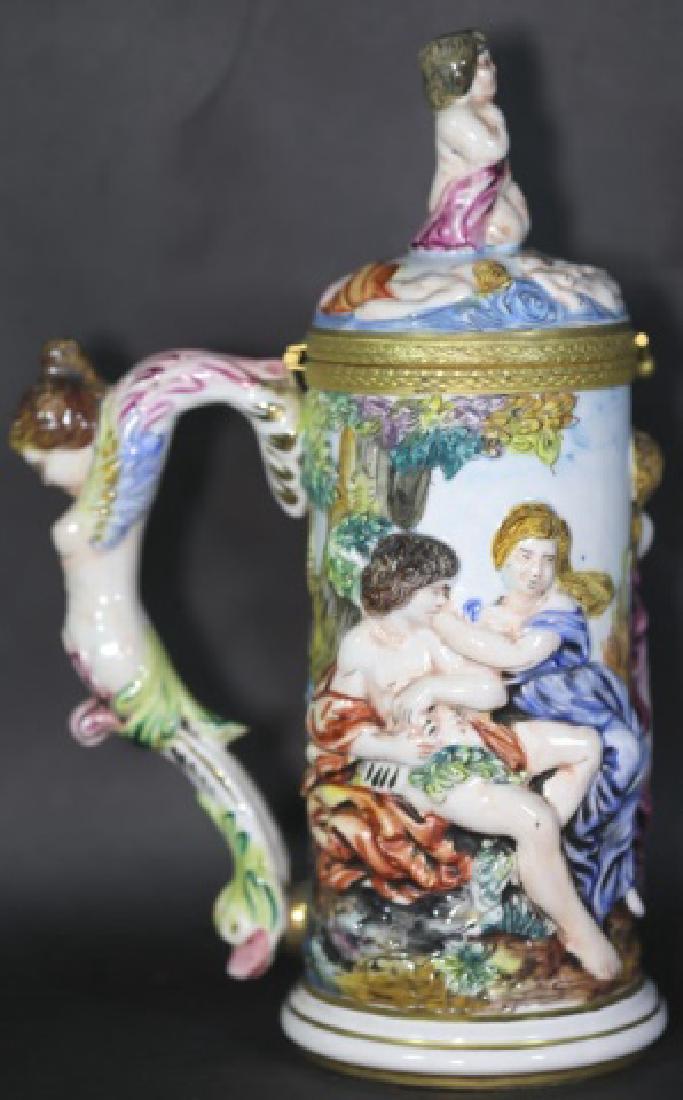 CAPODIMONTE FINE FIGURAL PORCELAIN TANKARD: CAPODIMONTE FINE FIGURAL PORCELAIN TANKARD 12 X 7"