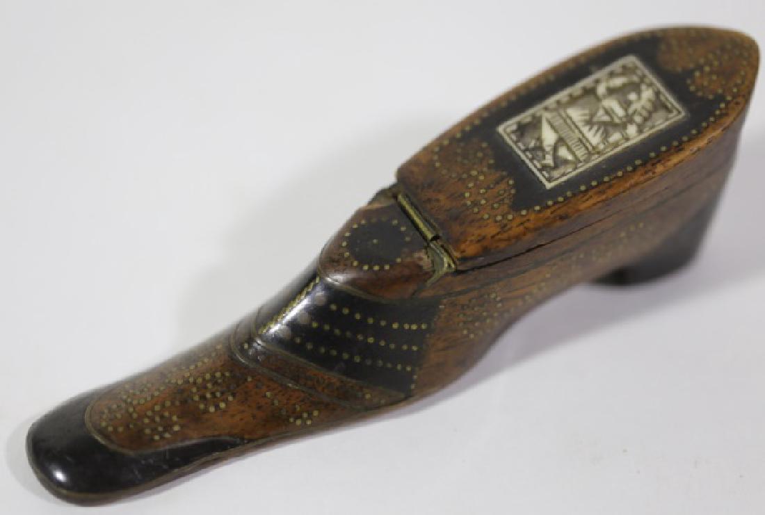FRENCH ANTIQUE FINE INLAID SHOE SNUFF BOX: FRENCH ANTIQUE FINE INLAID SHOE SNUFF BOX 5.5"
